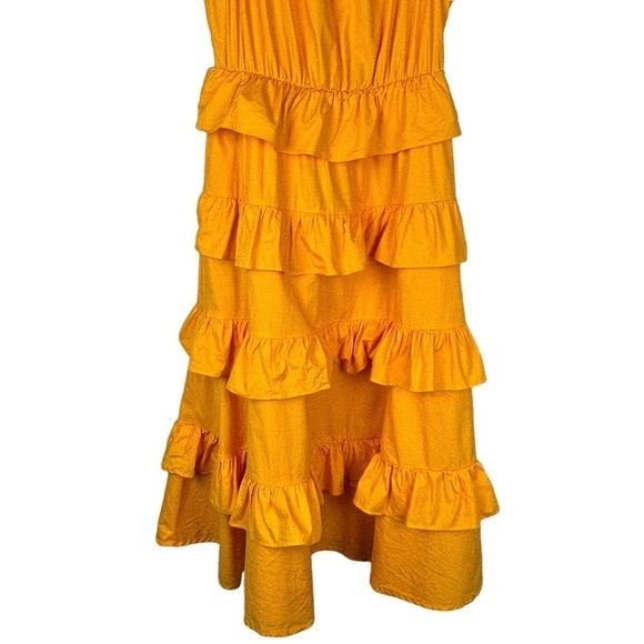 RACHEL PARCELL COTTON POPLIN FLUTTER SLEEVE RUFFLE TIER AMBER YELLOW MIDI DRESS - Picture 5 of 11